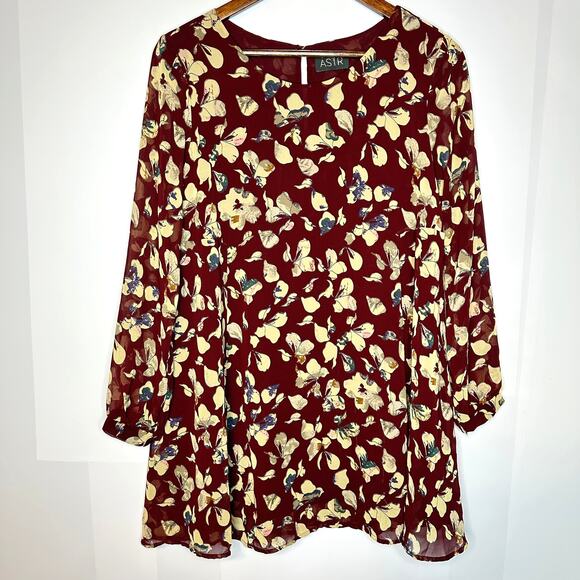 ASTR The Label Wine Red Floral Long Sleeve Lined Mini Dress Medium / Small - Picture 2 of 10